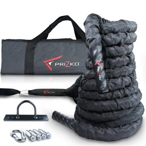 PRIZKO Battle Rope 2” Inch Diameter 30ft Length with Wall Anchor Straps Kit, Sleeve, Carry Bag, Perfect Cardio Training & Strength Training Equipment, 100% Poly Dracon